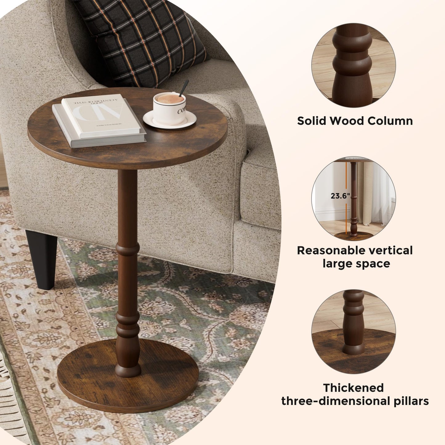 Homleke 16" Round Side Tables, Solid Wood Pillar with Wood Top & Base, Small Drink Accent Table for Living Room, Bedroom, Sofa & Office, Easy Assembly, Rustic Brown