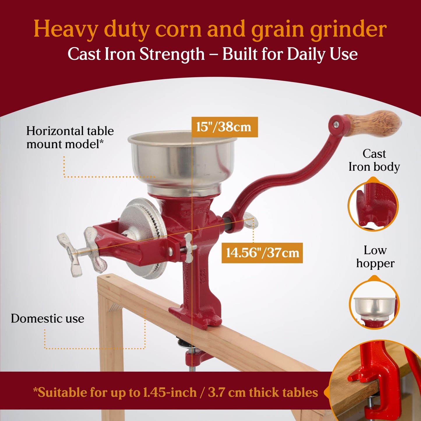 Estrella Cast Iron Manual Crank Corn Grain Grinder 14" Tall & 5" Hopper