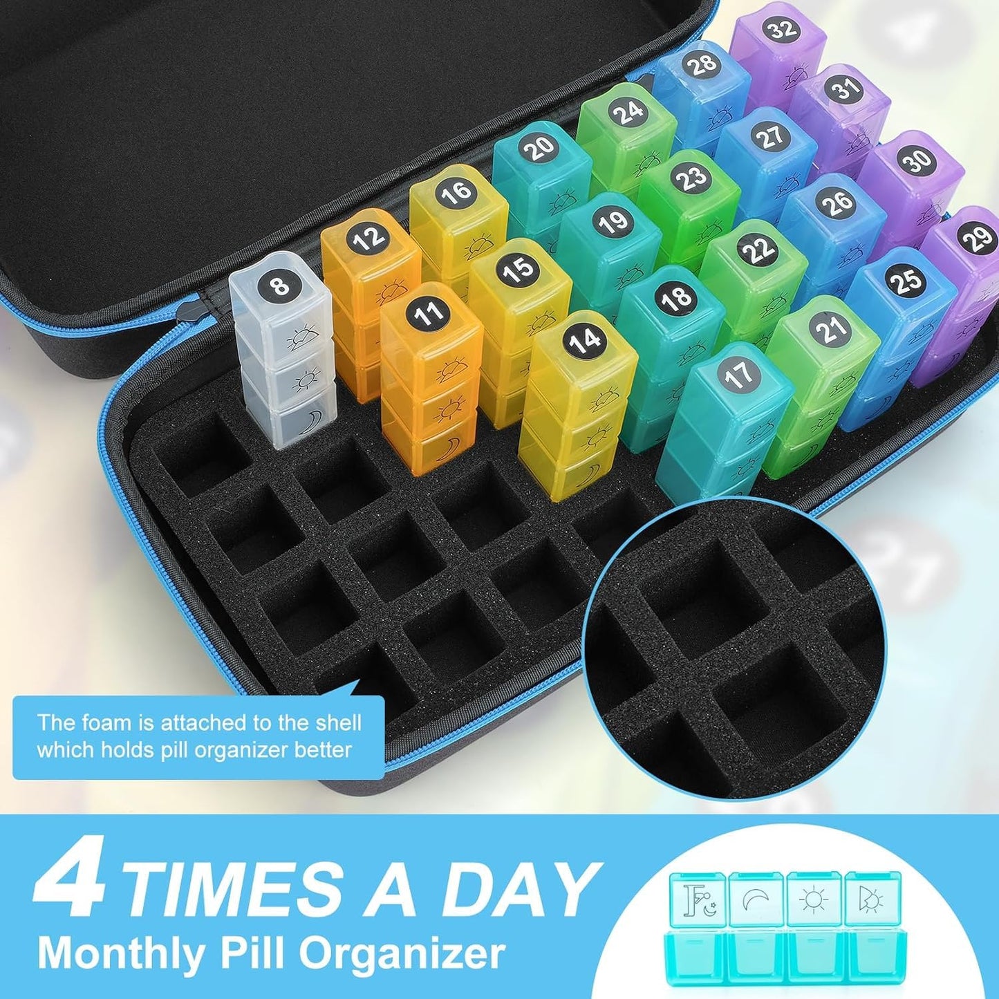Monthly Pill Organizer 4 Times a Day, Pill Box Organizer with 32 Daily Compartments, 30 Day Pill Organizer 4X a Day Pill Holder with Hard Shell Travel Case with Weekly Pill Bag 4 Times a Day