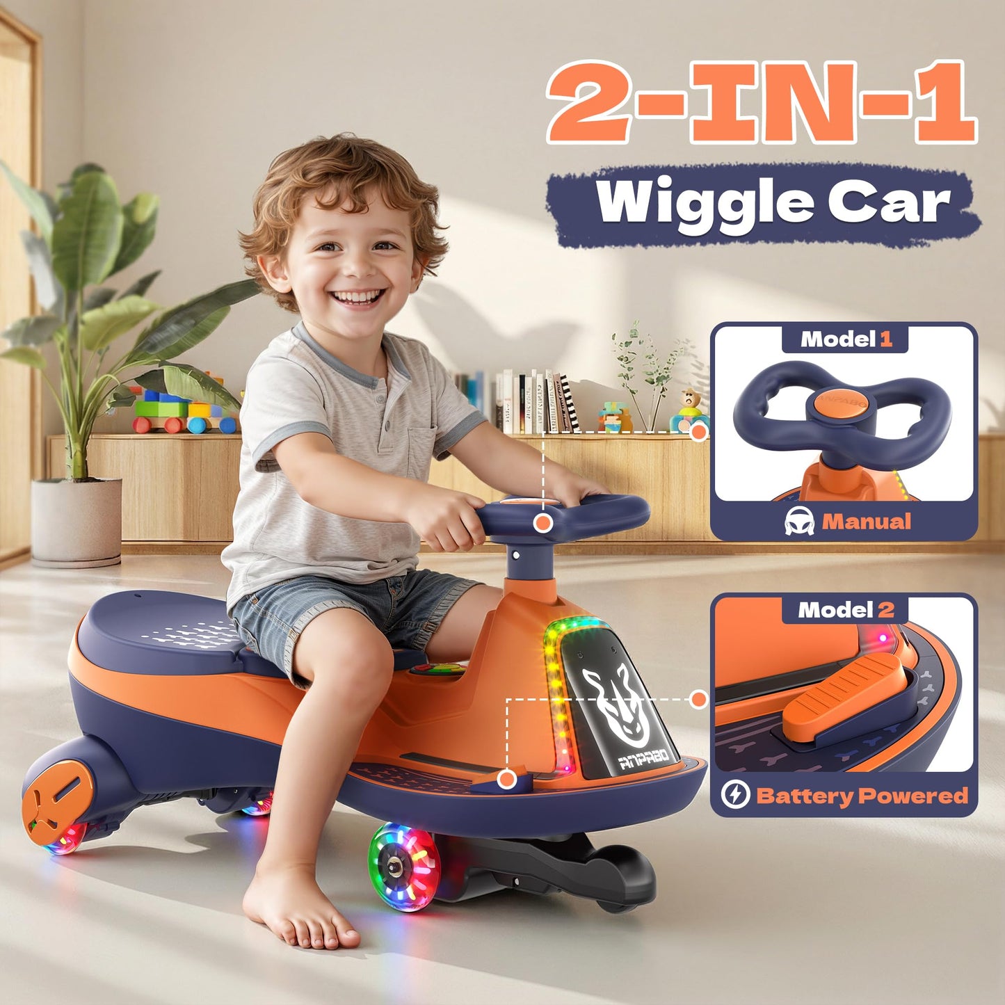 ANPABO 12V Electric Wiggle Car with Pedals, 2 Seater, 2x75W Motor, Music & Bluetooth, Ride On Toy for Kids Ages 3+, 170 Lbs, Orange