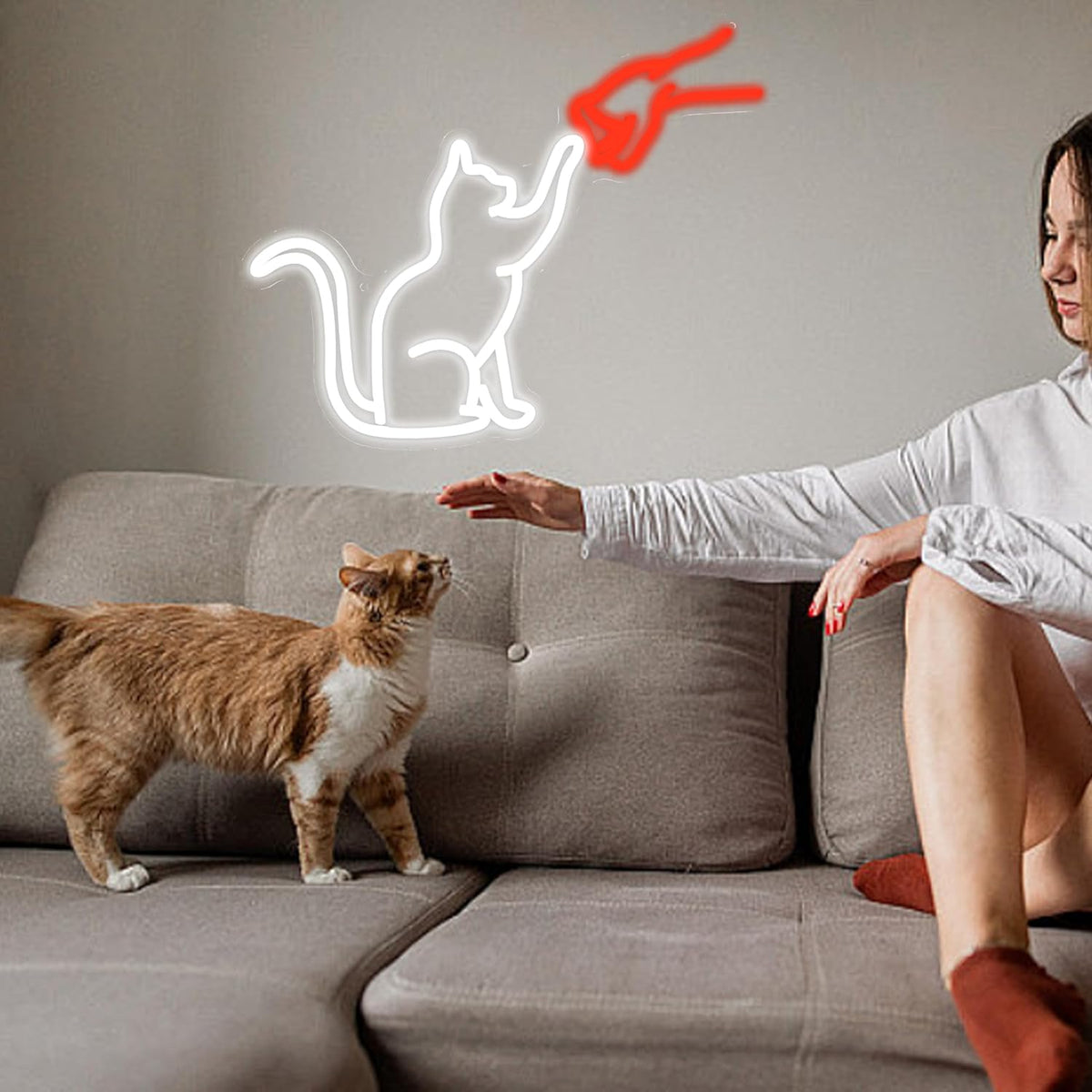LISIGNVE Cat Handshake Neon Sign Human Beings and Animals Neon Light for Wall USB Light Up Sign Cat Led Sign for Pet Shop Bedroom School Museum Zoo (16.5”*12.6”)