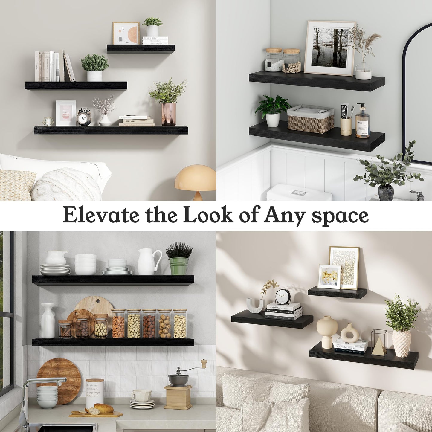 Ornawit Floating Shelves for Wall, 9.3" Deep Wall Mounted Wood Shelves for Bathroom, Bedroom, Living Room, Kitchen, Hanging Shelf for Books/Storage/Room Decor (Black, 24")