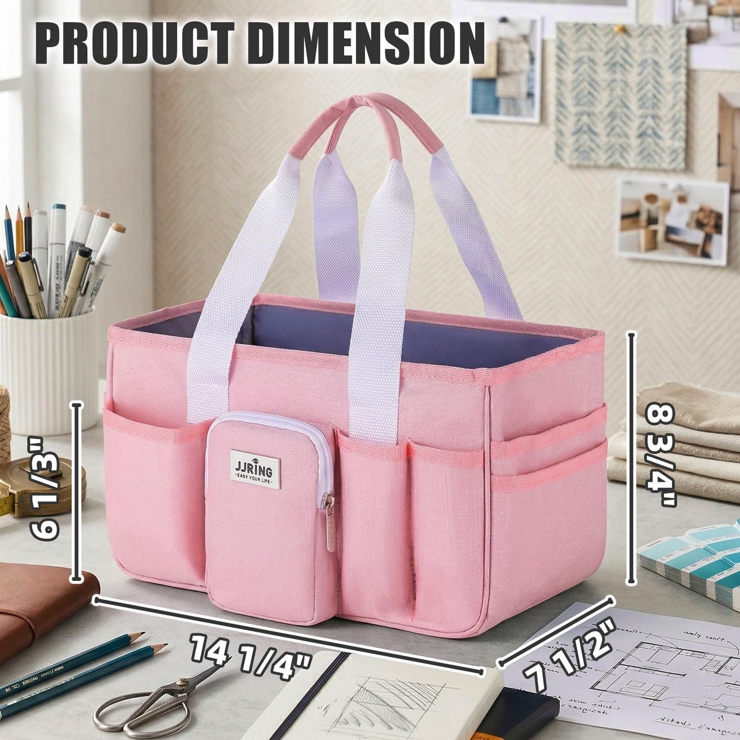 Jjring Craft Organizer Tote Bag, Portable Art Caddy with Adjustable Divider&Secure Zipper Pocket, Large Foldable Storage Tote for Scrapbooking, Sewing, Artist and Home(Pink)