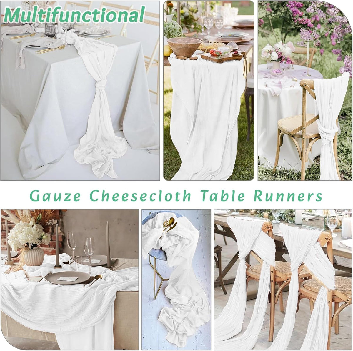 Dugpit 8-Pack White Cheesecloth Table Runner 10FT – Boho Rustic Gauze Runner for Weddings & Parties
