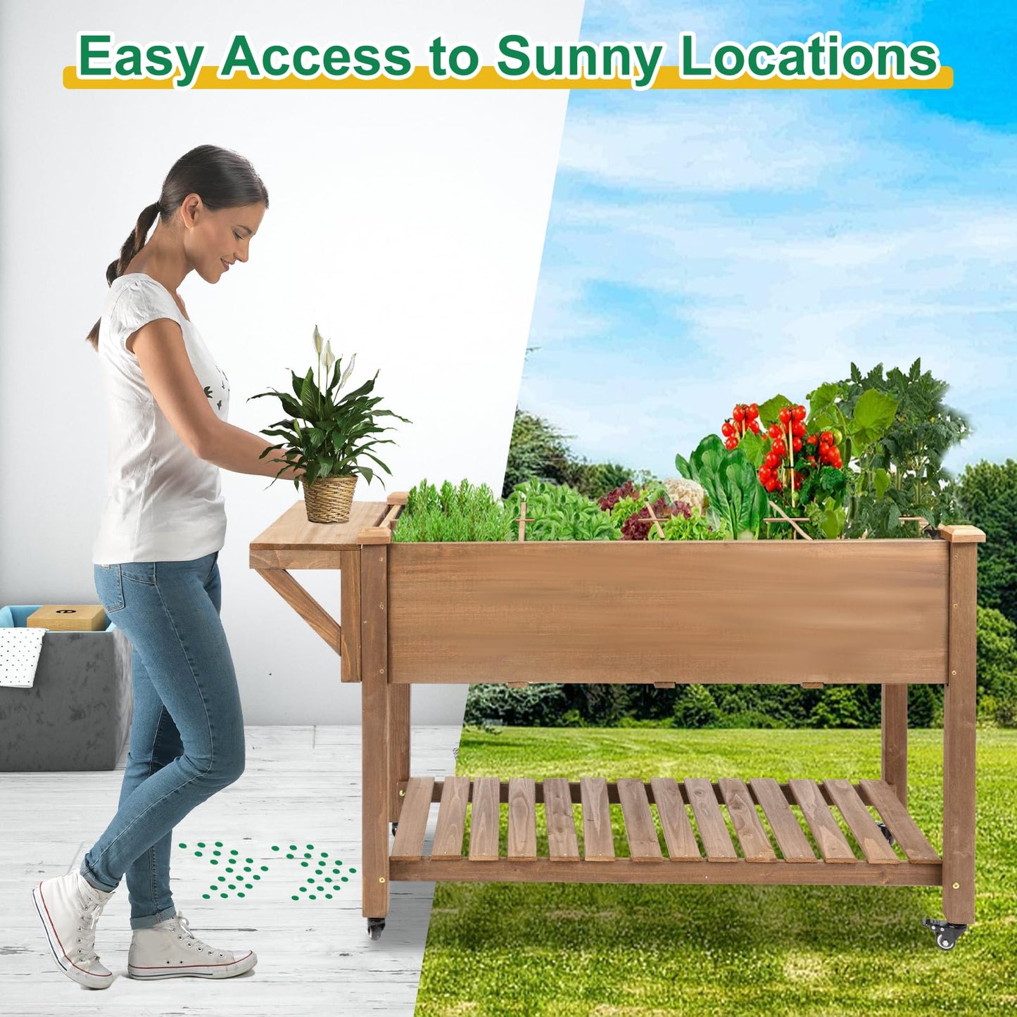 Gowoodhut Raised Garden Bed with Wheels, Wood Elevated Garden Box with W-Connection Tabs，for Vegetable, Flower, Herb, Large Storage Shelf, Easy to Assemble, 55.5x24x32in