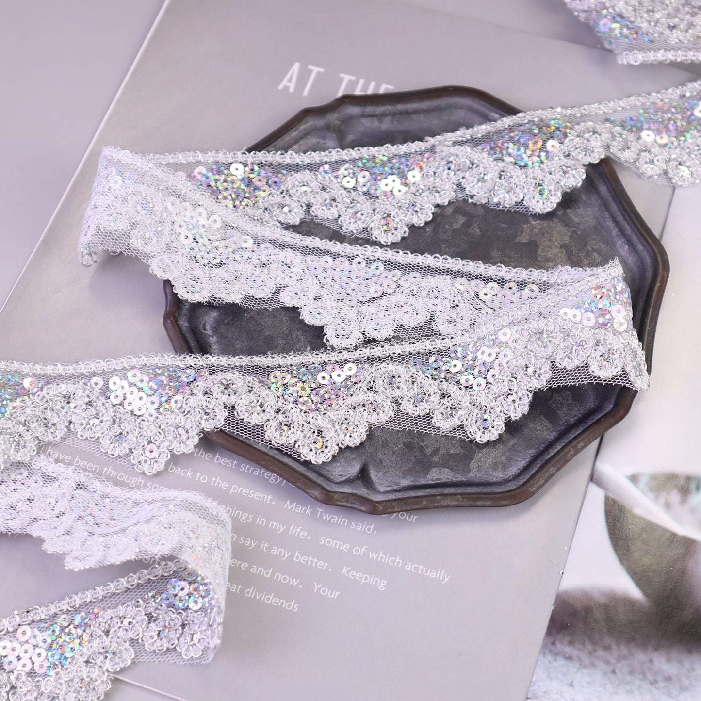 Silvery Lace Trim 5 Yards Beaded Lace Ribbon Applique Sequin Lace Mesh Trim for Sewing Crafts 1.6inch