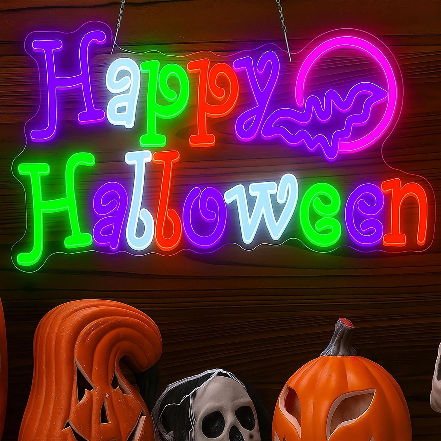 Mudder Happy Halloween Neon Sign for Wall Decor Neon Wall Lighted Sign Outdoor for Present Bedroom Home Bar Halloween Party Decor Bat Shape Cave Bedroom Party Backdrop
