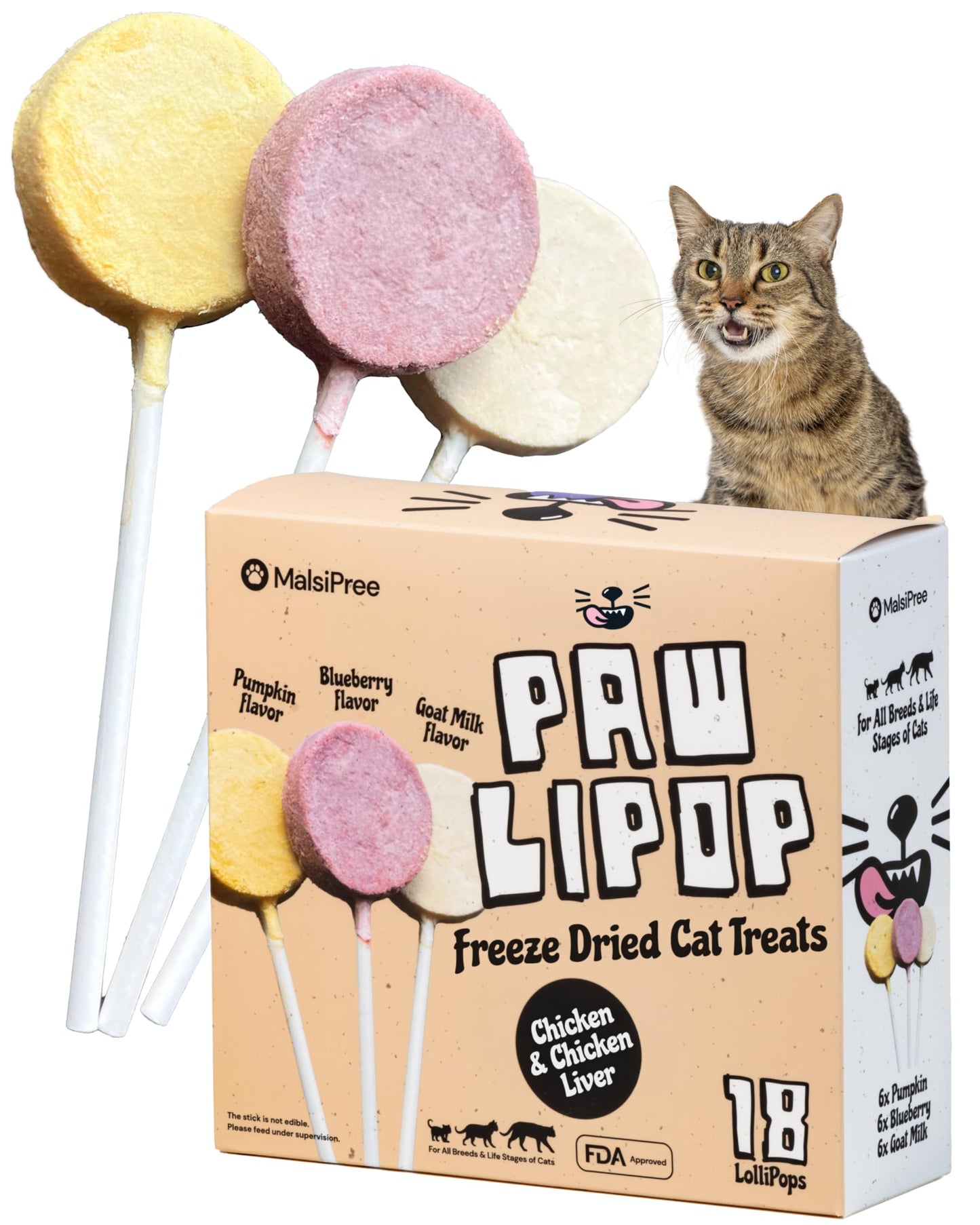 MalsiPree Cat Lollipop Treats - Interactive Cat Toy & Freeze Dried Cat Treats - Fun Suckers & Pops - Healthy Cat Birthday Treats, Cake Alternative & Snack - Food Toppers Chicken & Pumpkin, 18 Pack