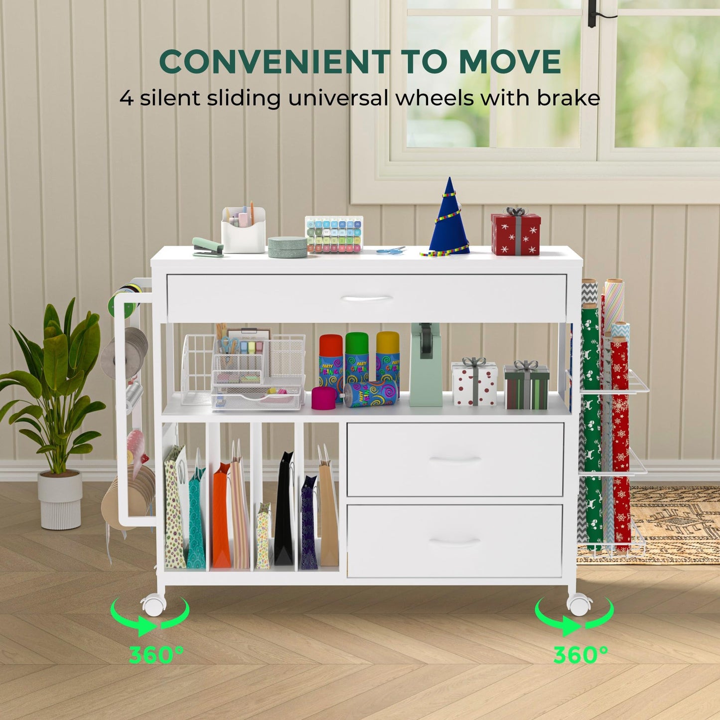Anrigeail Wrapping Paper Storage & Organizer, Craft Cart with Ribbon & Gift Bag Storage, Wrapping Paper Organizer Holder(3 Wooden Drawers-White)