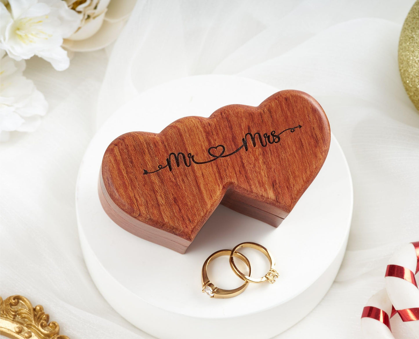 Handicraftviet Ring Box Mr and Mrs – Handmade Heart Shape Ring Box for Wedding Ceremony, Wedding Ring Holder Small Engraved for Engagement/Proposal, Rustic Ring Boxes (Wood Ring Holder)
