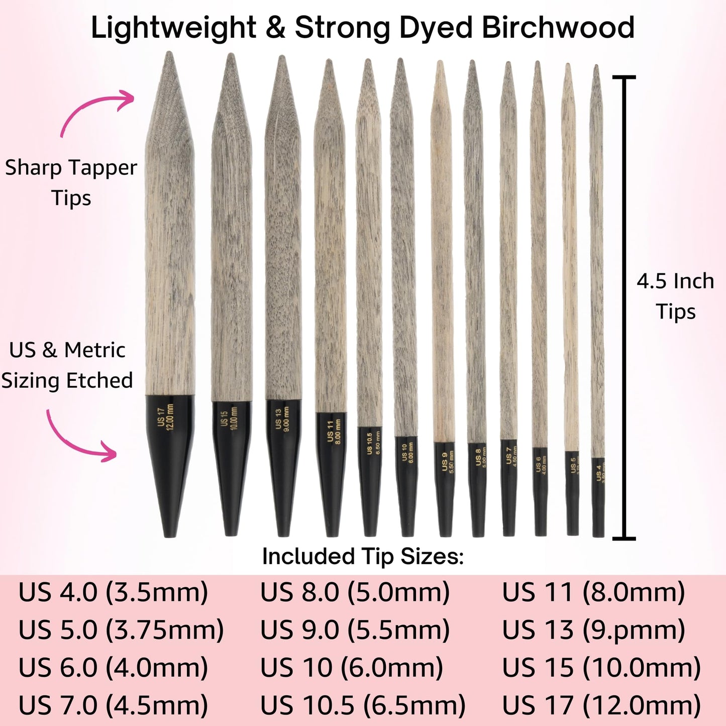 Lykke Driftwood 5 in. Complete Set US 4, 5, 6, 7, 8, 9, 10, 10.5, 11, 13, 15, 17 Interchangeable Circ. Knitting Needles for DK, Worsted, Super Chunky Yarn, Birch, 5 Cords, Grey DM Case, Project Bag