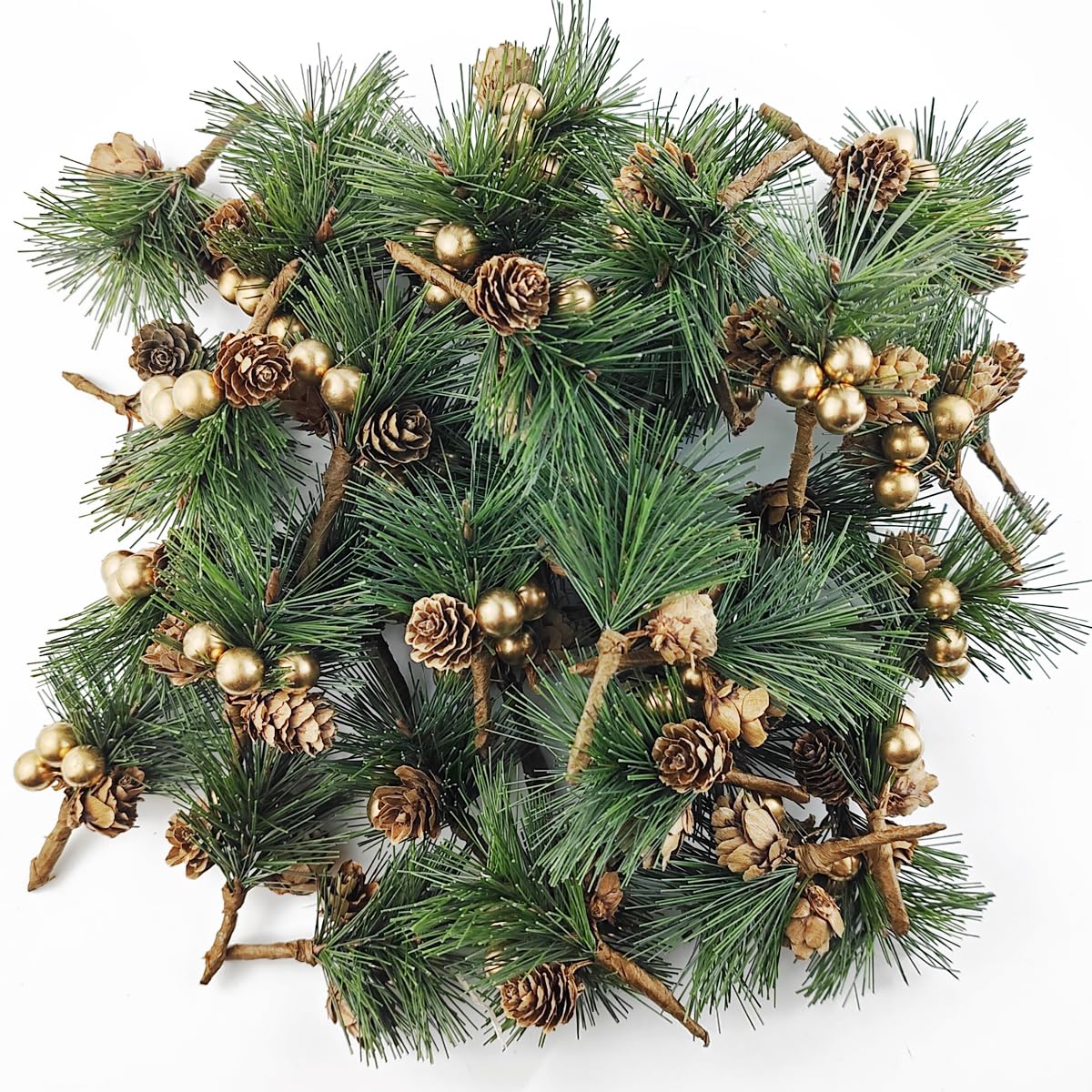TIHOOD 25PCS Artificial Pine Picks, Pine Needles Branches with Gold Berry Stems, Small Fake Berries Pinecones Branches for Crafts Christmas Tree DIY Garland Holiday Wreath(Gold)