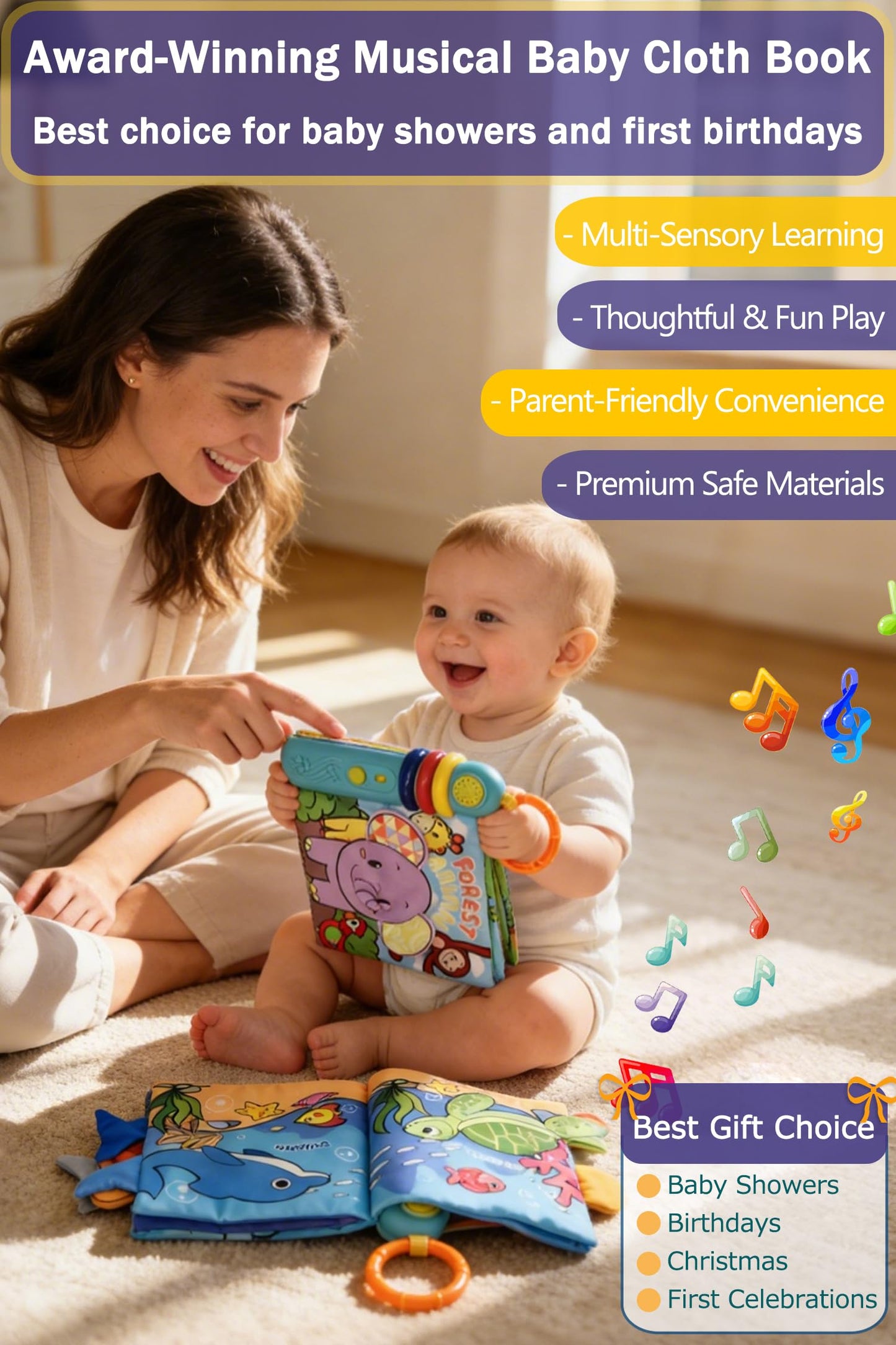 GauJat Cloth Books for Babies 0-6-12 Months, Interactive Soft Sensory Toy with Lights, Sounds & Music, Bite-Proof Educational for Newborns, Infants & Toddlers 0-3 Years (Ocean Animals)