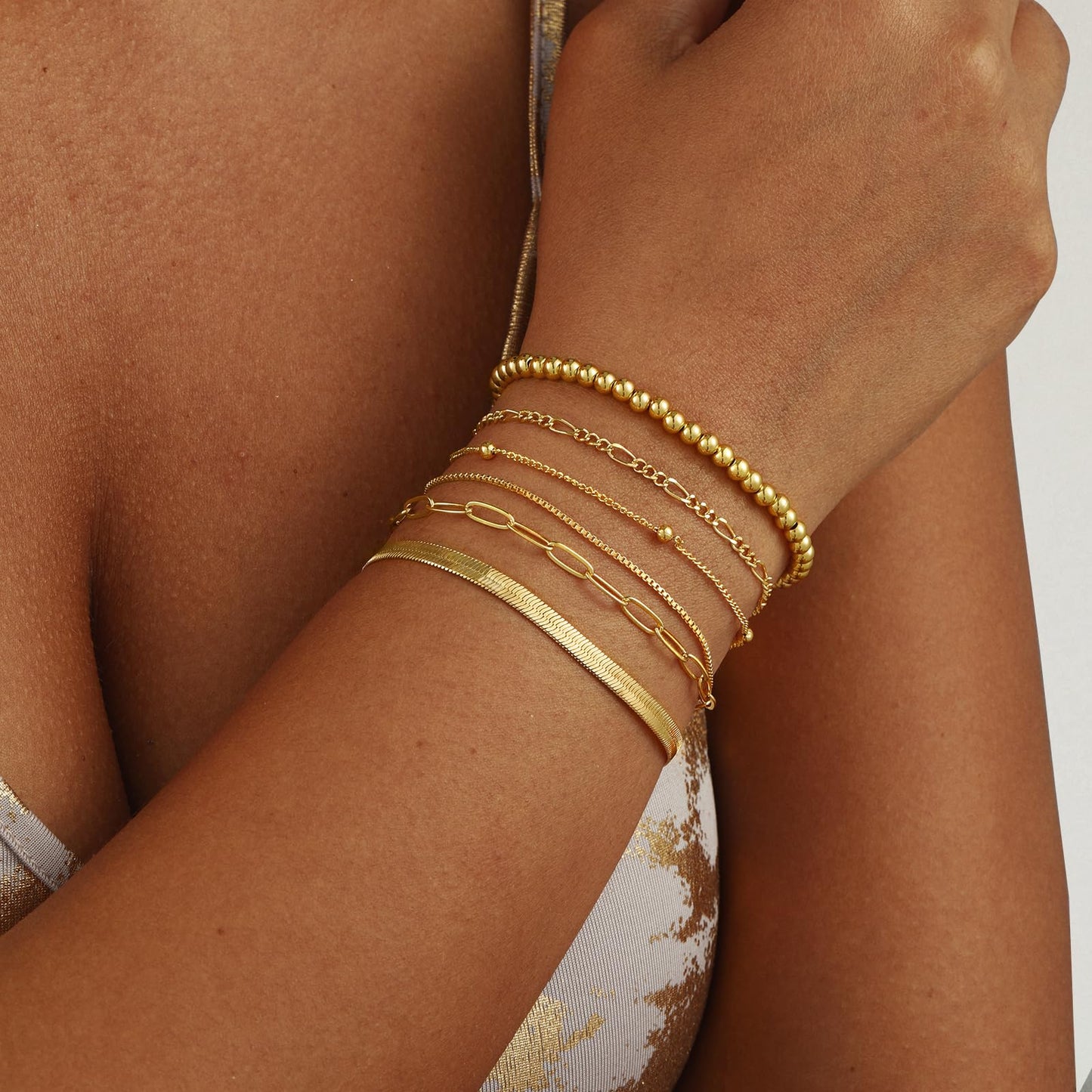 VIROMY Gold Bracelets for Women Waterproof,14K Gold Plated Layered Stackable Bead Bracelet Adjustable Size Jewelry Sets Gifts 6PCS