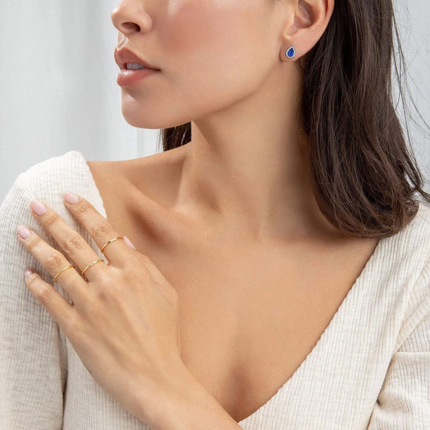 Bestyle Adorable September Sapphire Birthstone Stud Earrings 925 Sterling Silver CZ Teardrop Gemstone Studs Earrings Great Birthday Gift for Wife/Mom/Grandma