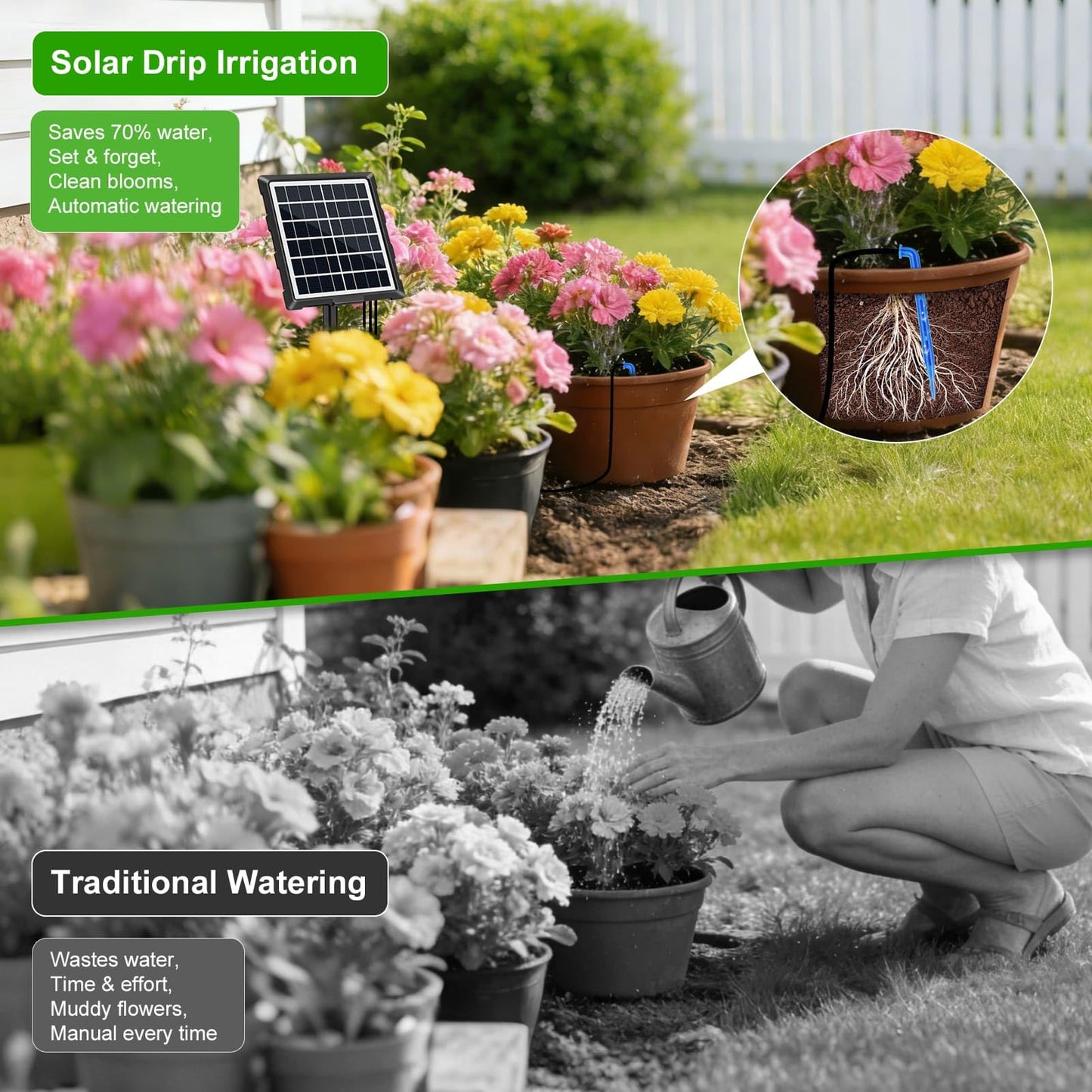Solar Automatic Drip Irrigation Kit System, 50FT Solar Powered Auto Easy DIY Watering Device Supported Pots Plants, 6 Timing Modes with Anti-Siphoning Device
