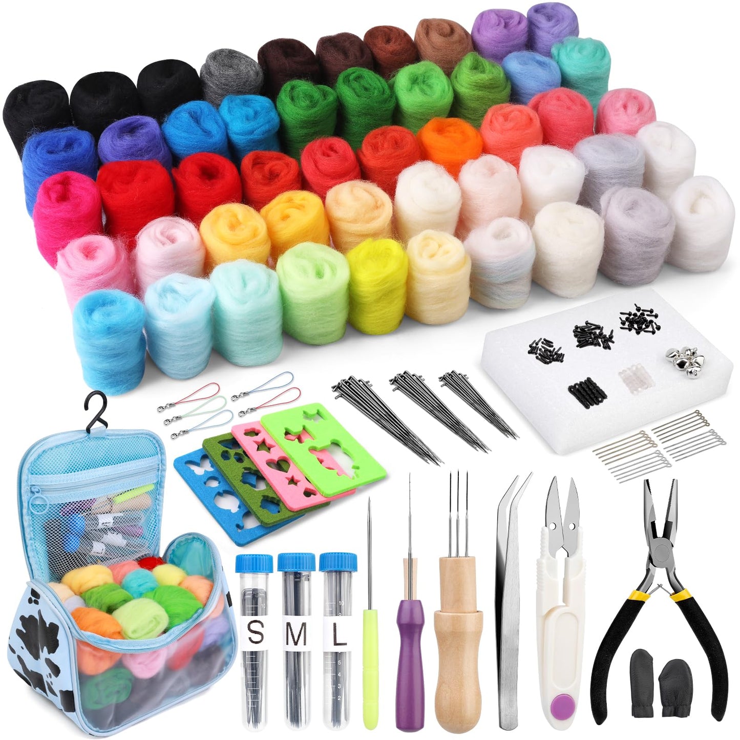 JUPEAN 228 Pcs Needle Felting Kit Wool Felting Tools for Beginner 50 Colors Wool Roving Starter Felting Kit with Felting Needles Foam Mat Needle Felting Supplies Storage Bag for DIY Craft Making
