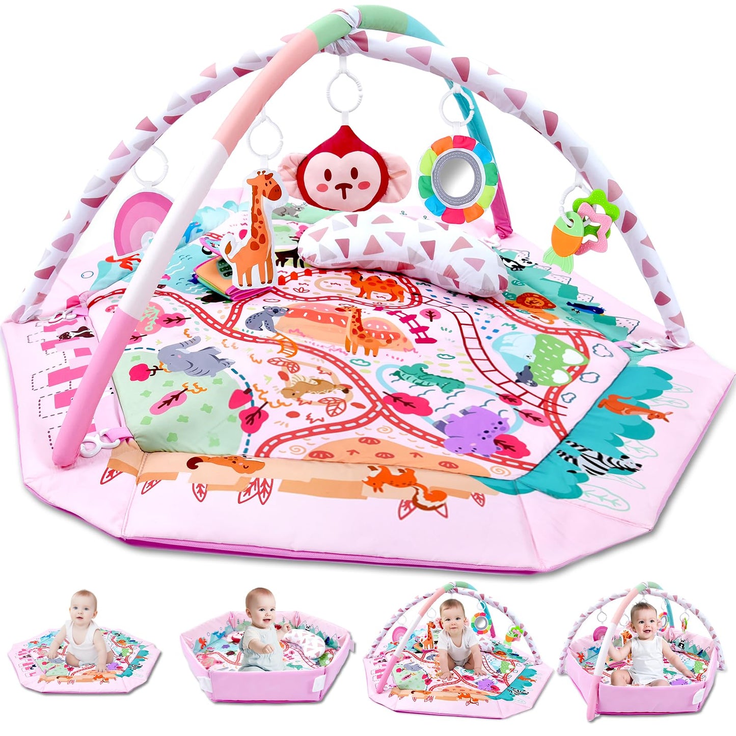 TFDER Baby Gym Play Mat, 8-in-1 Tummy Time Mat & Activity Gym, Washable Ball Pit, Infant Play Mat with Detachable Toys for Sensory Exploration and Motor Skill Development