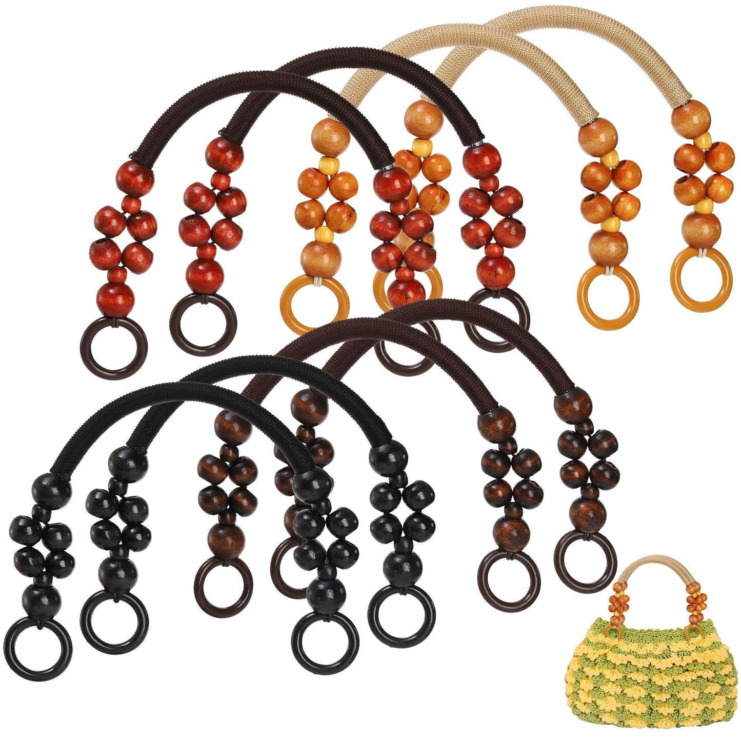 Jucoan 8 PCS Wooden Beaded Purse Handles, 4 Colors Rustic Bead Purse Strap Handles Replacement, 18.5 Inch Nylon Bag Handles with Beads and Rope for Summer Beach Bag Macrame Crochet Bag DIY Supplies