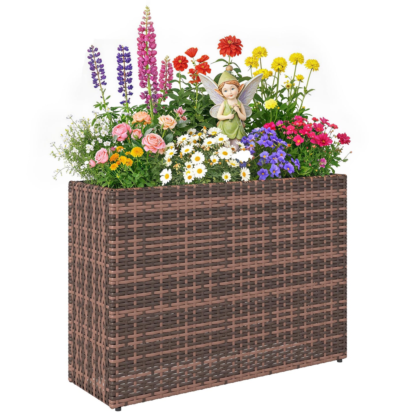 Outsunny Tall Rectangular Planter with Removable Liner, PE Wicker Large Planters for Outdoor Plants, Freestanding Indoor Outdoor Planter Box with Drainage Holes for Flowers, Vegetables, Brown
