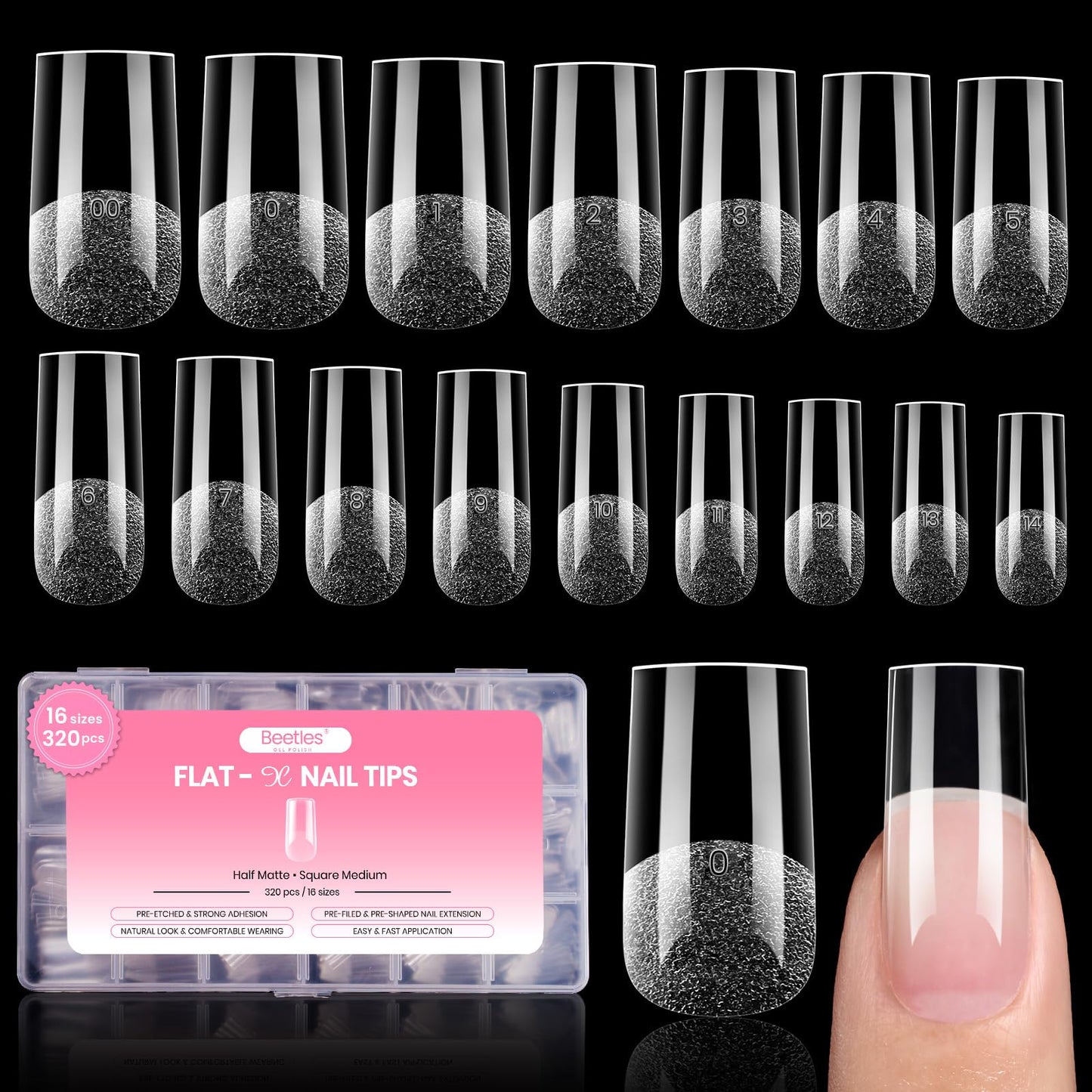 Beetles Gel Nail Tips Flat-X- Square Medium, 320pcs 16 Sizes(00-14), Pre-Etched Half Matte Full Cover Soft Gel Nail Tips, Clear Press on False Nail Extension Acrylic Fake Nails, Easy DIY Salon Art