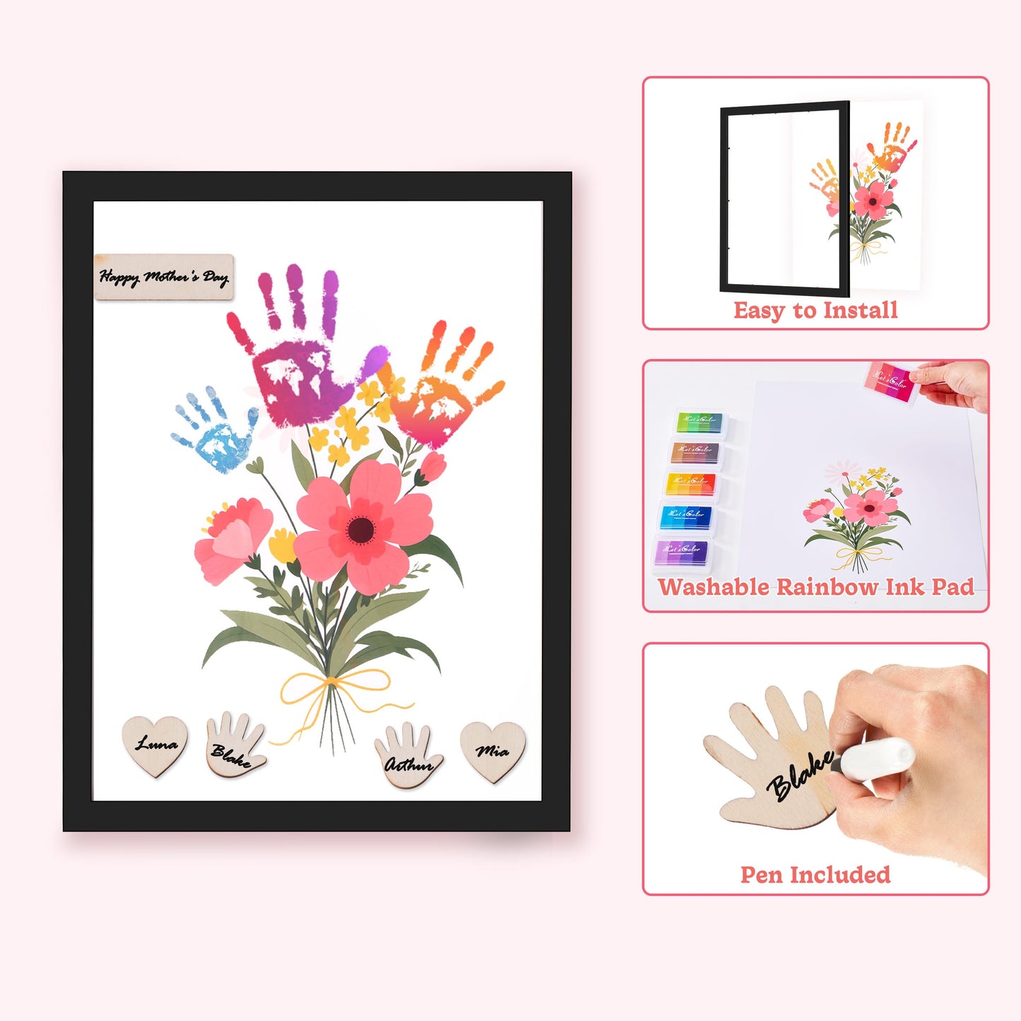 CHERRY CHEERS Flower Bouquet Handprint Art Kit, 3 Special Unique Sheets with Floral Design, DIY Keepsake Craft Gift, Meaningful Christmas or Thanksgiving Gift, 6 Colors Non-Toxic Inkpads (Black)