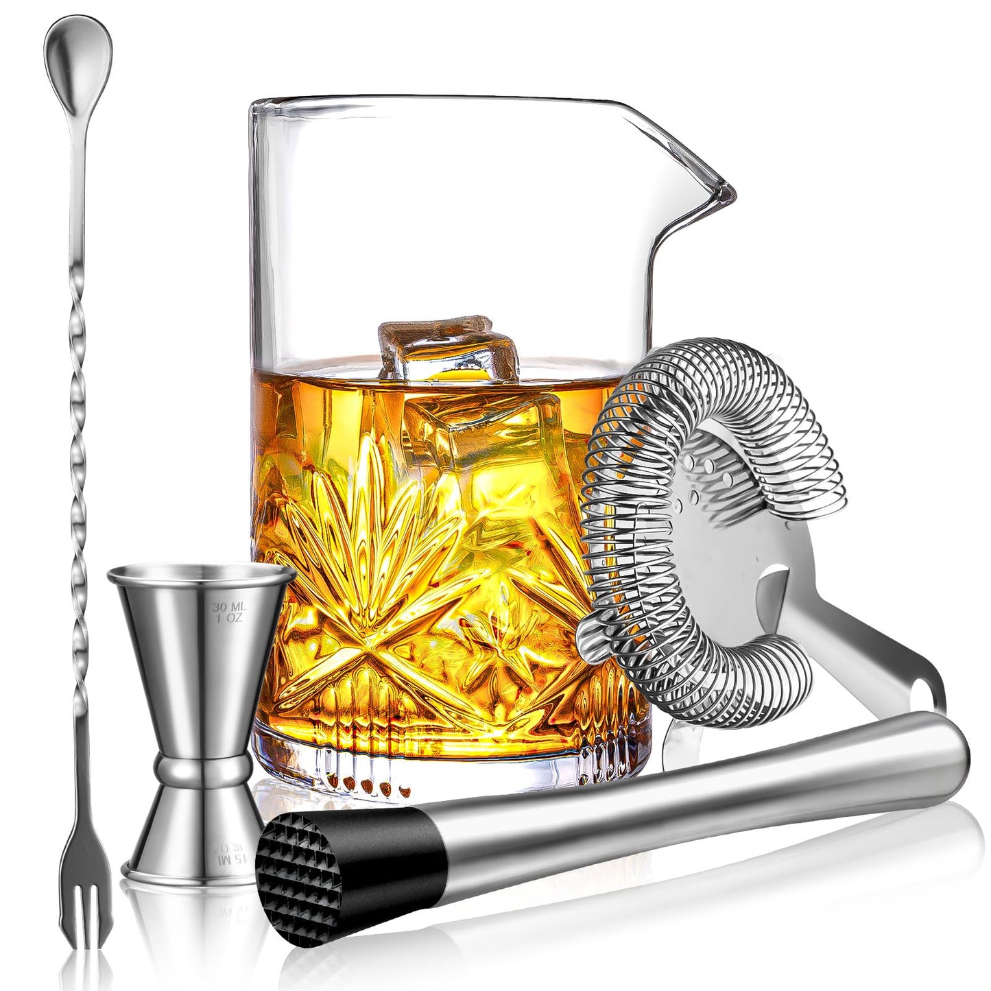 Cocktail Mixing Glass, veecom 18oz Crystal Bartender Kit, 5 Piece Bar Mixing Glass Old Fashioned Cocktail Kit with Strainer, Muddler, Spoon, Jigger, Cocktail Mixer
