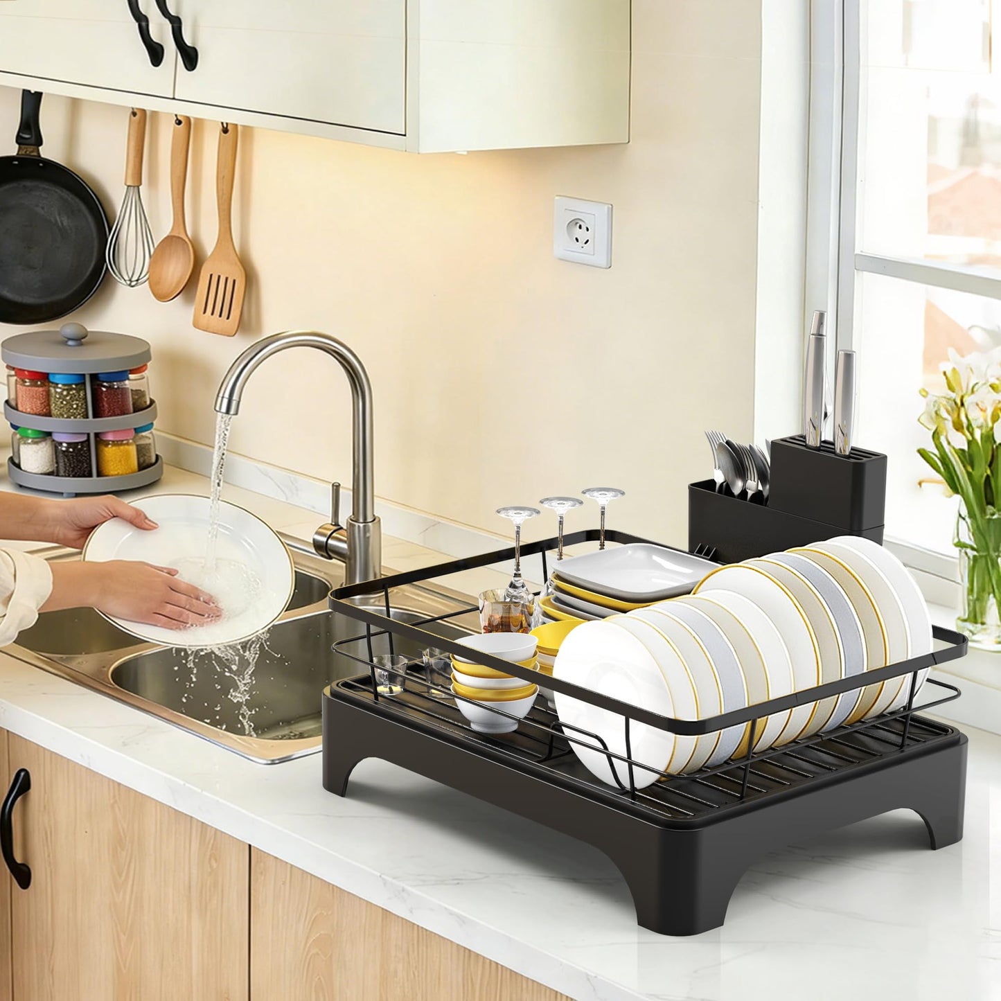 OERPHO Dish Drying Rack for Kitchen Counter, Dish Rack, Dish Drainer for Kitchen with Built-in Drain, Stainless Steel Sink Organization and Storage Essentials with Cutlery Holder (17" x 13.4", Black)