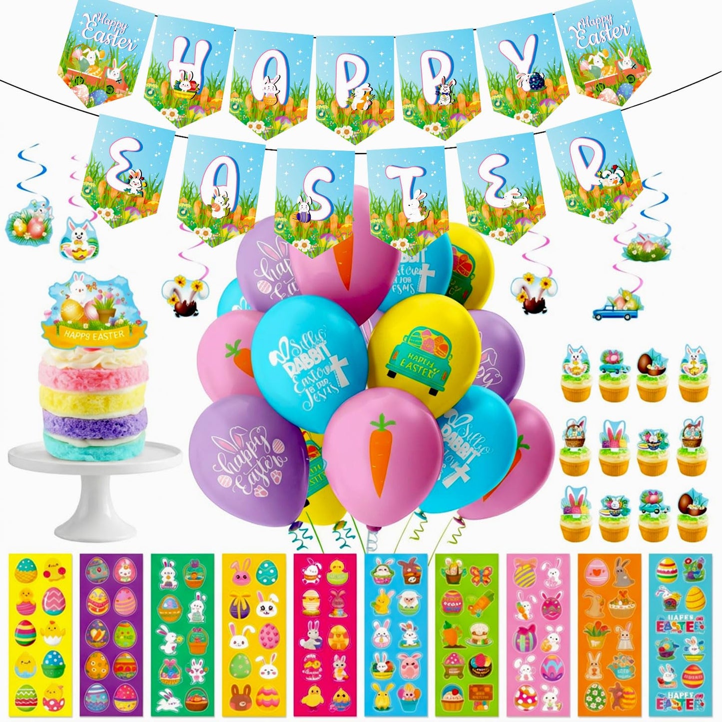 Favuit Happy Easter Party Decorations Kit, Easter Egg Bunny Party Supplies with Banner, Cake Topper, Cupcake Picks, Balloons, Stickers & Hanging Swirls for Home & Classroom