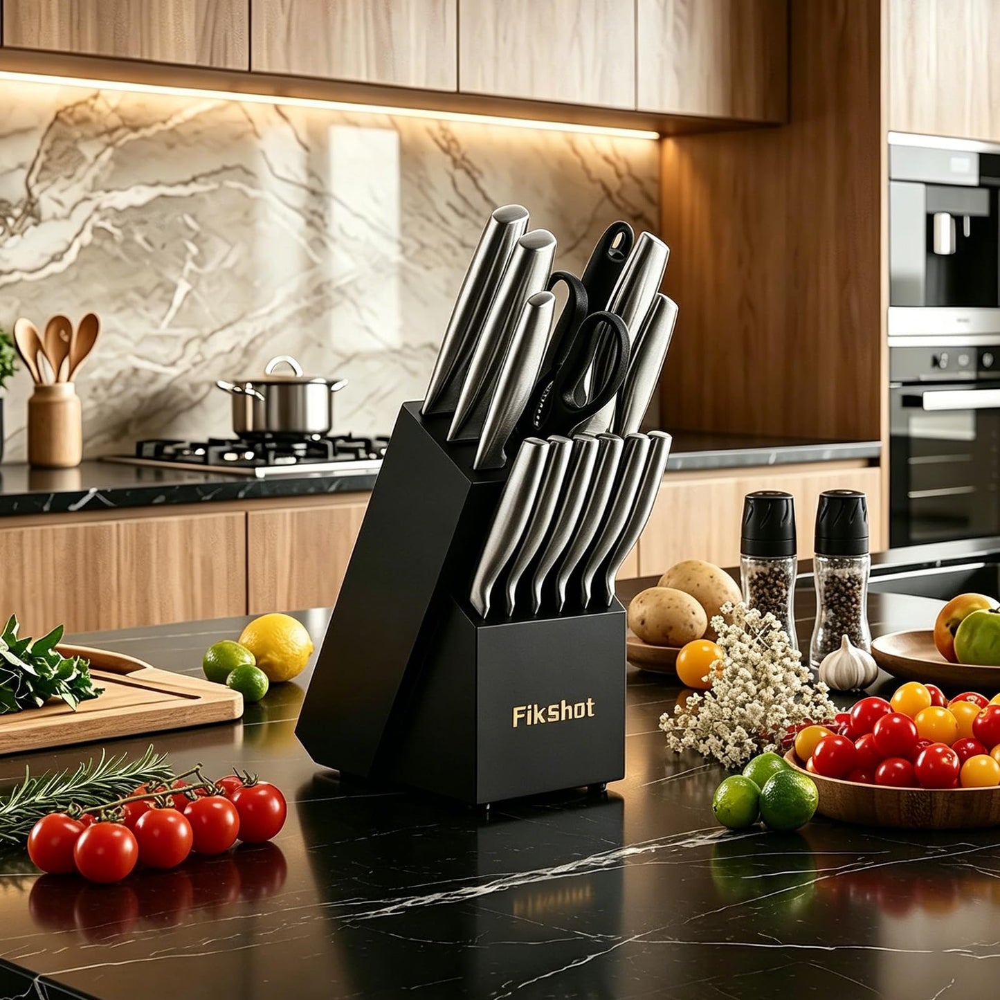 FIKSHOT Kitchen Knife Set, German Stainless Steel kitchen knives – Includes Knife Block Set & Sharpener, High Carbon, Rust-Resistant, Ergonomic Handle for Cooking, Grilling & Gifting