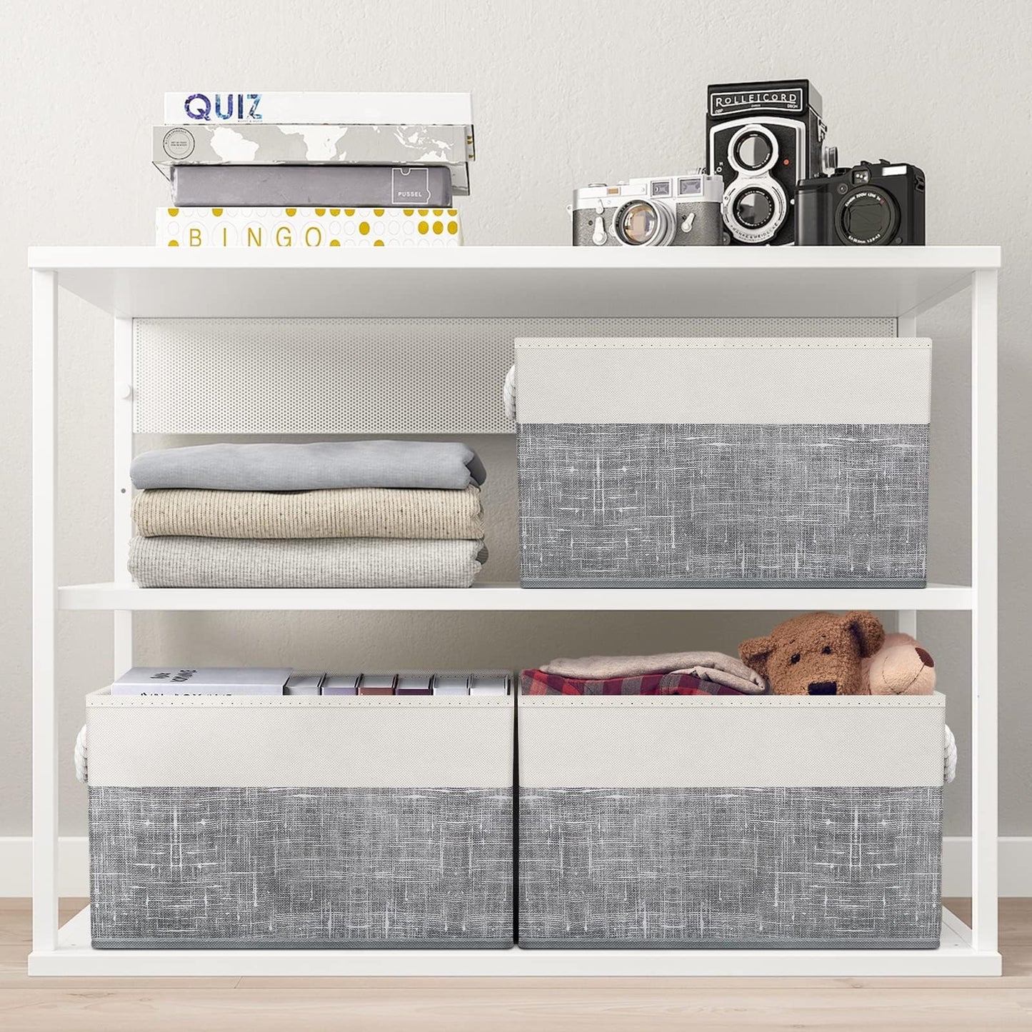 Fab totes Storage Bins 3-Pack, Foldable Storage Baskets for Organizing Toys, Books, Shelves, Closet, Large Storage Box with Rope Handles, Sturdy Organizer Bins, White & Grey