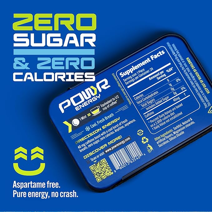 POWR Energy Mints - Pack of 4 Tins of 24 Mints(96 Total), 40mg of Caffeine Per Mint, Sugar Free, Zero Calories, No Aspartame - Pre-Workout, Cycling, Running, Endurance - Focus & Energy