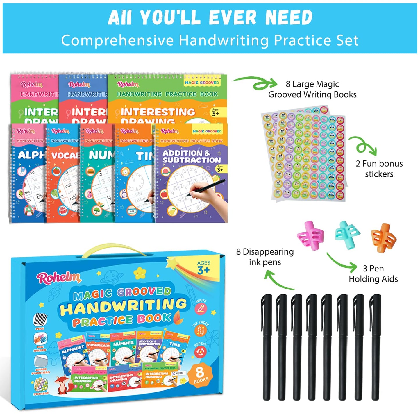 Magic Grooved Writing Practice for Kids Ages 3-8, Handwriting Practice for Kids 8 Books, Preschool Tracing Books, Reusable Grooved Writing Books with Disappearing Ink, Gifts for 3 Year Old Boy