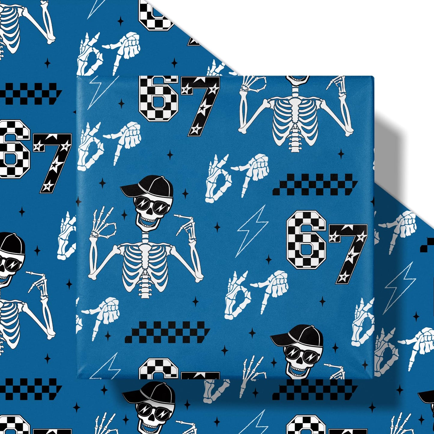 RUSPEPA 67 Skeleton Wrapping Paper Roll, Mini Roll, Blue Cool Street Style 67 Meme Design with Skeleton, Checkered & Lightning, Funny Gift Wrap for Kids, Boys, Teens, Birthday, 17 Inches x 16.4 Feet