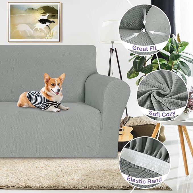 ZNSAYOTX Super Stretch Sofa Cover (72"-92"), New Striped Sofa Covers Fitted Slipcovers with Elastic Bottom, Dog Cat Pets Proof Spandex Washable Fabric Comfortable & Durable (Light Grey, Sofa)