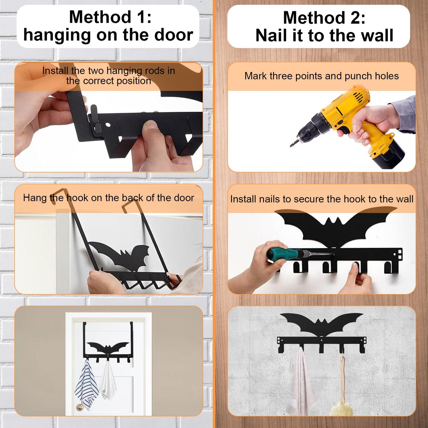 NomadSphere Bat Over The Door Hooks, Halloween Gothic Bathroom & Bedroom Decor Over Door Hanger, Wall Mount Rack for Towel, Hat, Coat, Cloth, Keychain, No Drill, 5 Hooks