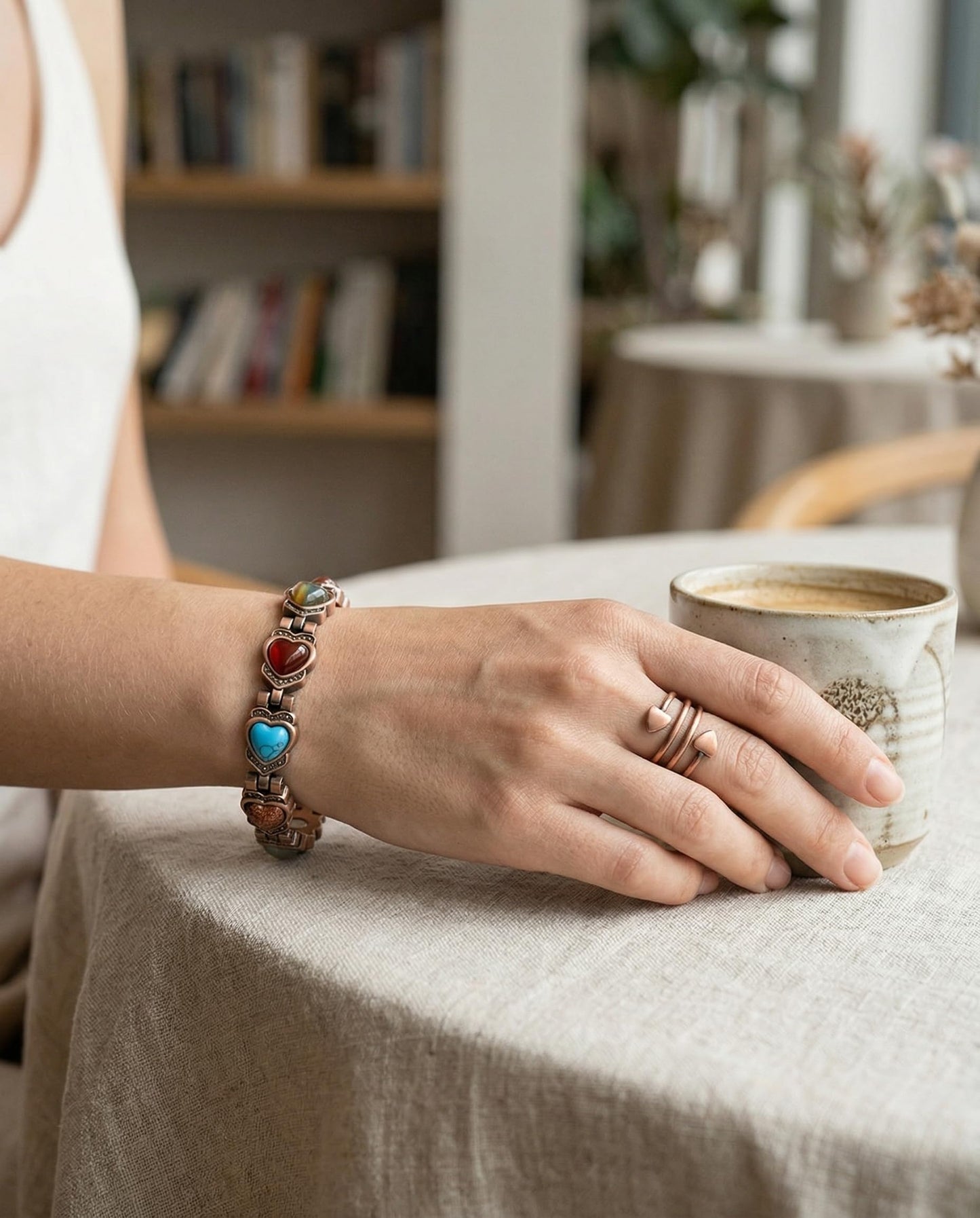 MagEnergy Copper Bracelet for Women, 99.99% Pure Solid Copper Bracelet with 3500 Gauss Magnetic, Adjustable, Jewelry Gift (Copper-Heart+Ring/B)