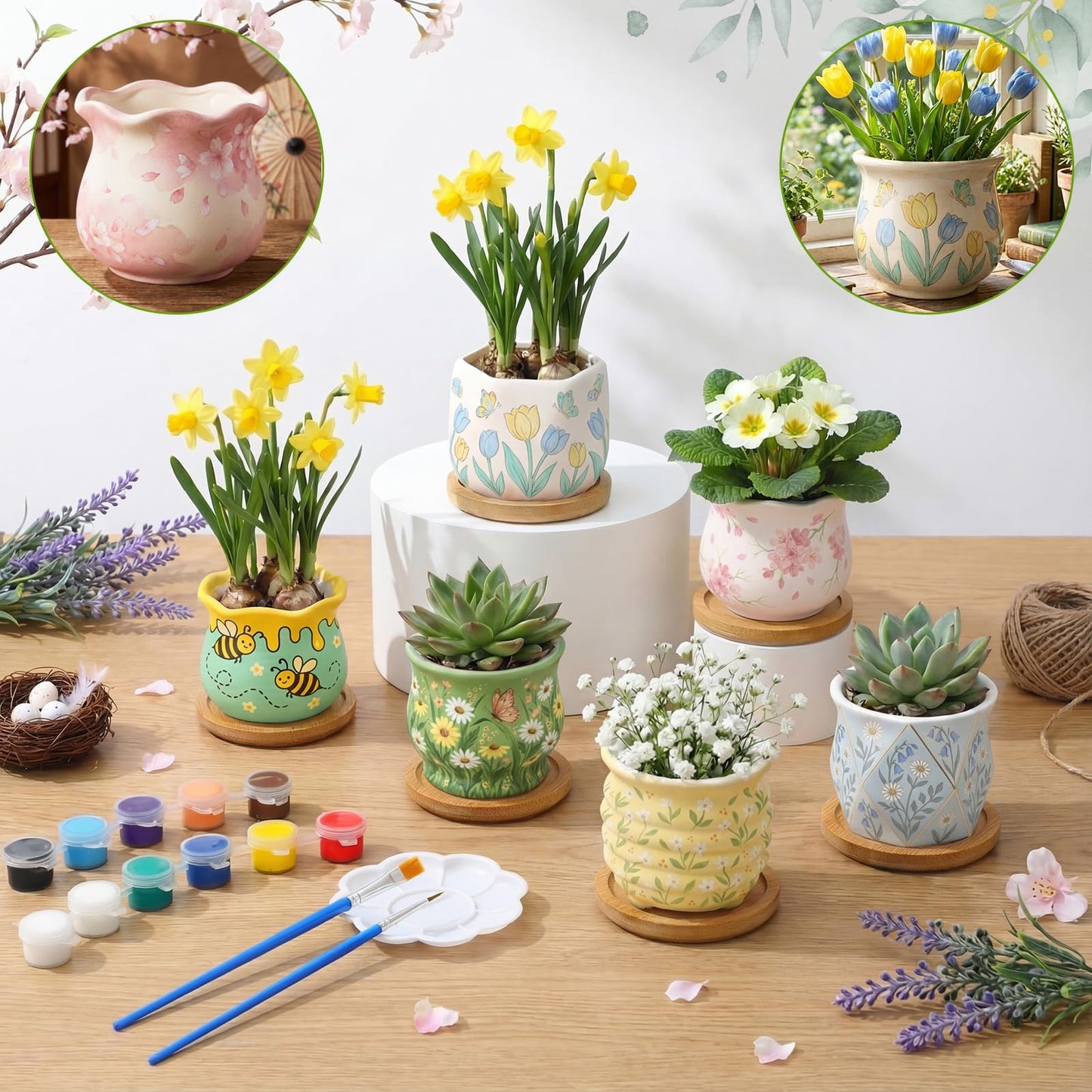 Leitee 15pcs Flower Pots 3 Inch Paint Your Own Ceramic Pot Craft Kit Ready-to-Paint Small Succulent Pots Bulk with Drainage Hole Paint Set Mini Paintable Plant Vase for Spring Birthday DIY Gift