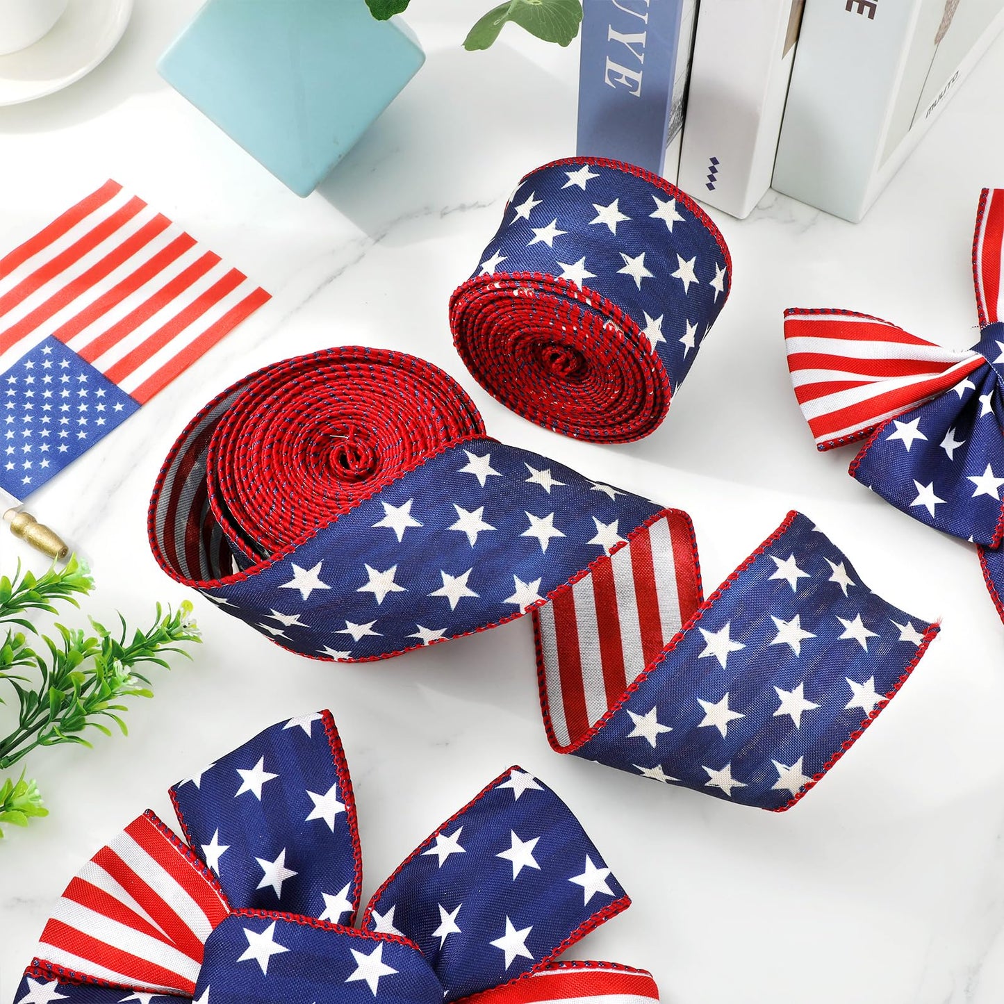 JarThenaAMCS 2 Rolls Patriotic Wired Edge Ribbon Double Sided 4th of July Red White Blue Star Stripe Fabric Ribbon for Independence Memorial Day Gift Wreath Bow Craft Wrapping Party Decor, 20 Yard