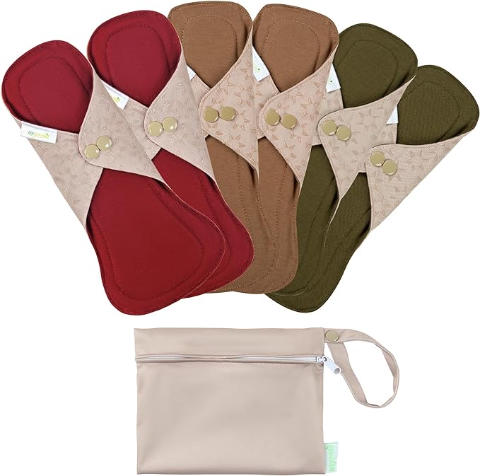 wegreeco 6 Pcs Reusable Menstrual Pads, Ultra Absorbent Cloth Pads for Heavy Flow, Sanitary for Teens, Women, Nonslip, Inner Aqua, Burgundy, Coffe, Rose Gold Outer, M