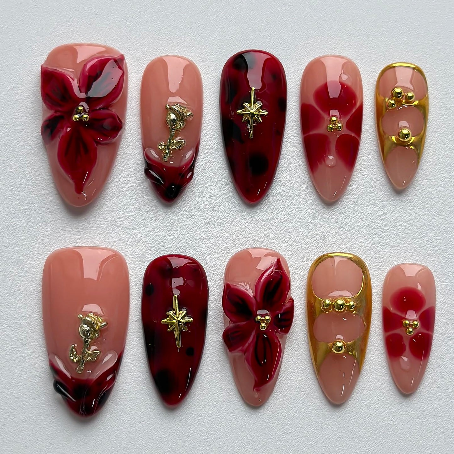 Luxury Press on Nails Medium Almond Handmade 3D Unique Reusable ABS Material Fake Nails French Tip False Nails with Designs Red Floral Glossy Glue on Nail Thick Acrylic Nail(M)