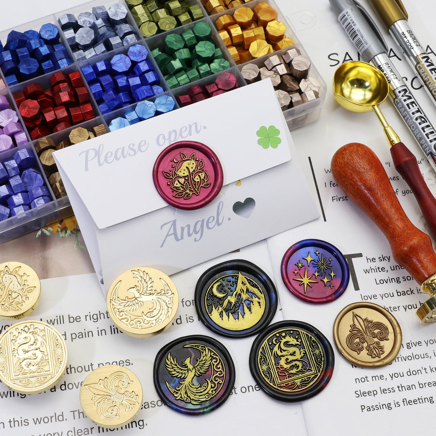 SWANGSA Starry Wax Seal Stamp Kit with 450pcs Sealing Wax Beads, 2 Pens and Spoon for Wedding, Invitations, Cards, Envelope, Christmas