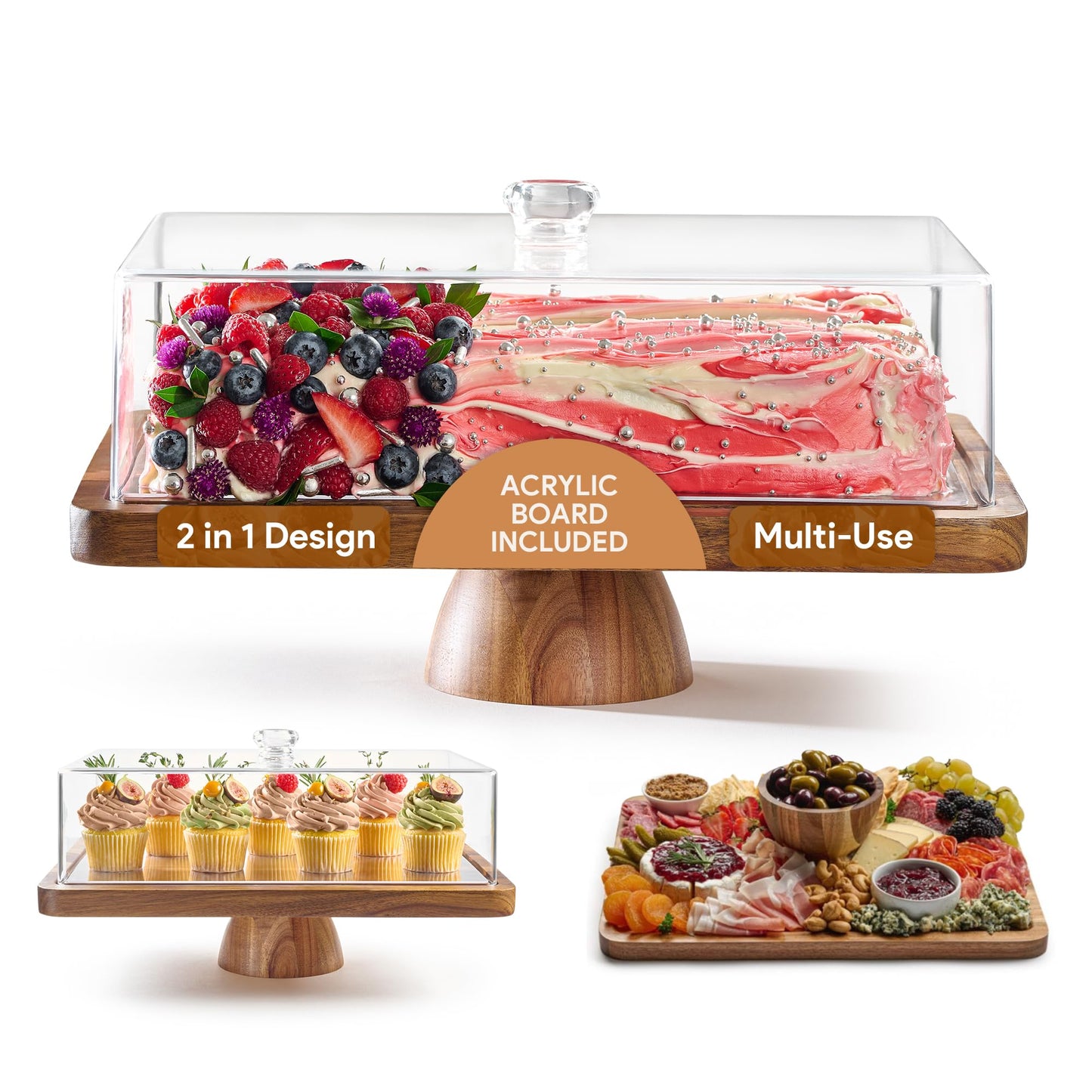 HOMESPHERE Acacia Wood Cake Stand with Lid - Rectangular Cake Holder, 2-in-1 Dessert Table Display Set & Charcuterie Board for Cheese, Chips, Fruit Platter, Large Acrylic Cake Dome Cover, No Glass