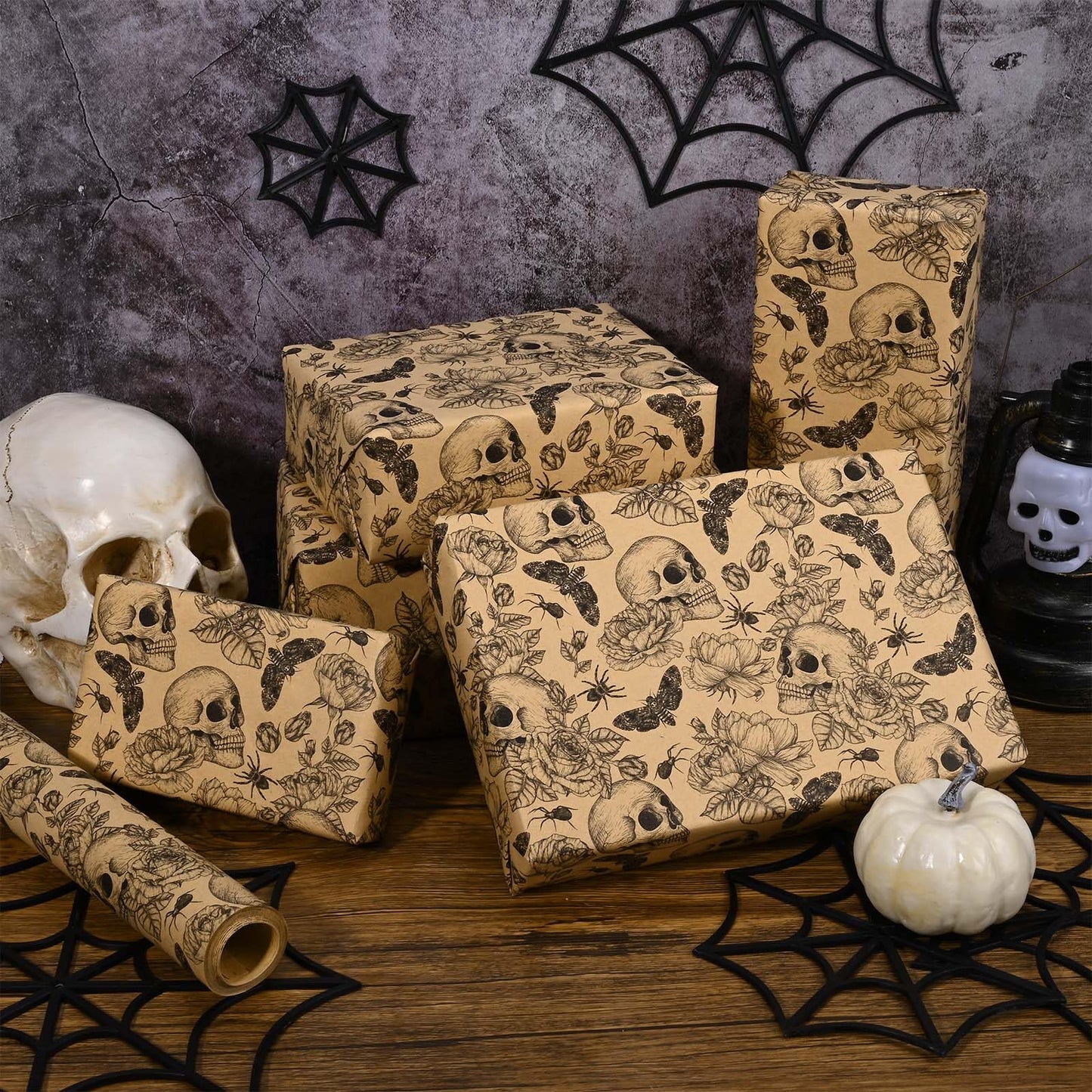 Bolsome Kraft Skull Wrapping Paper Goth Rose Skull Patterned Gift Wrap Paper Roll for Halloween Party Baby Shower Birthday Party Packaging Supplies, 17 Inches × 33Ft