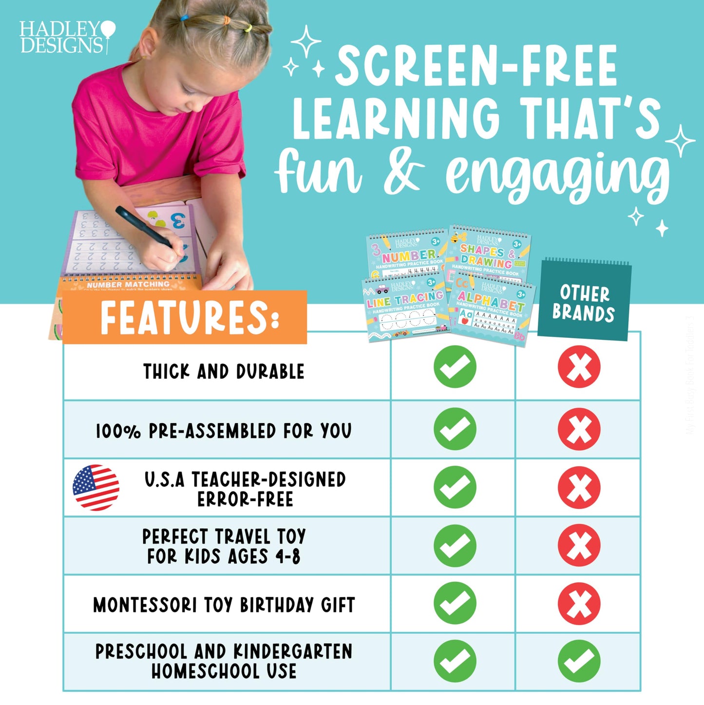Hadley Designs Magic Grooved Writing Practice for Kids- Preschool Learning Activities, Letter Tracing for Kids Ages 3-5, Magic Book Handwriting Practice, Kindergarten Workbooks, Pre K Graduation Gifts