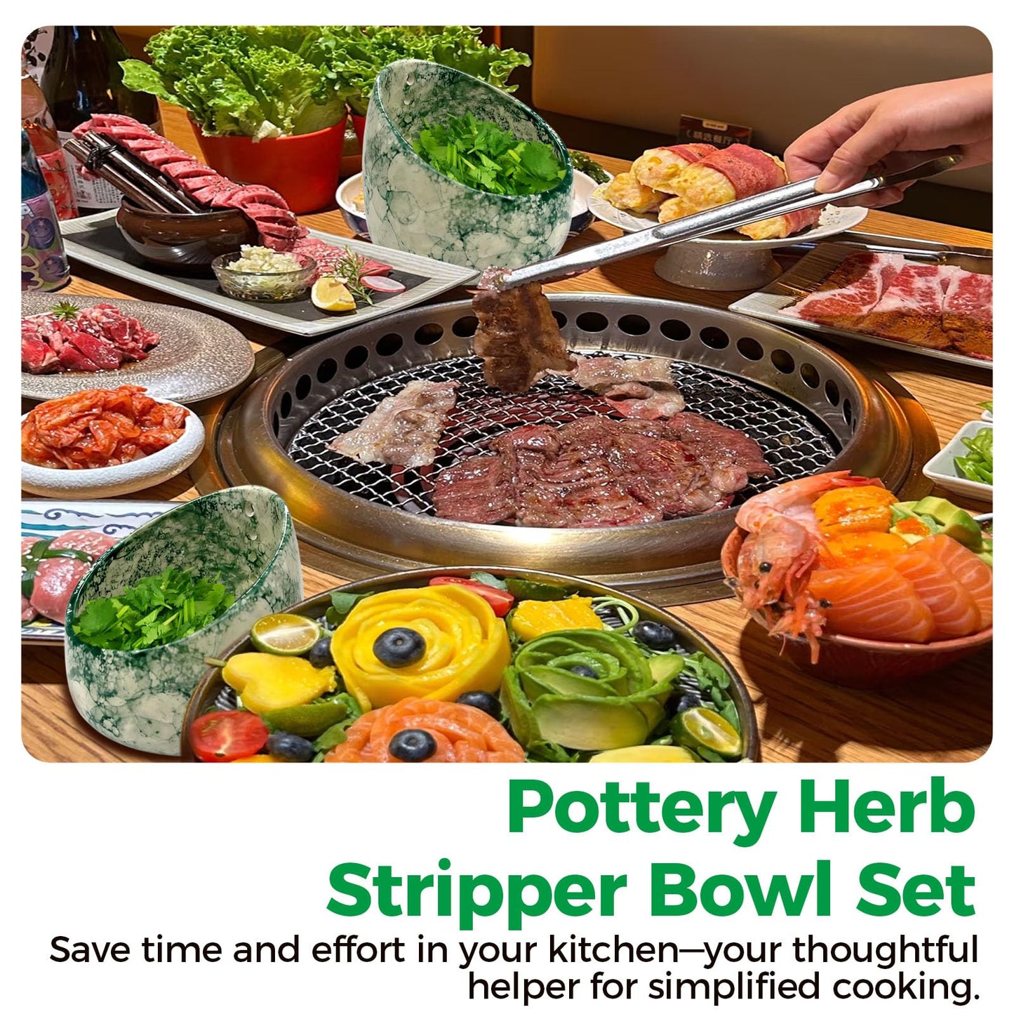 Pottery Herb Stripper Bowl Set – 2 Piece, Including 5-Blade Stainless Steel Herb Cutter Scissors, Herb Stripping Tool & Handmade Pottery Herb Stripper Bowl, For Stripping Leaves and Rhizomes (Green)
