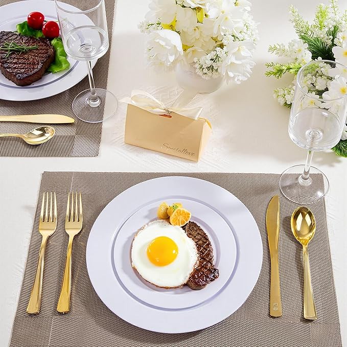 100PCS White Plastic Plates, 10 Inch Disposable Dinner Plate Party, Heavy Duty Disposable Plastic Plates for Party, Wedding and Birthday