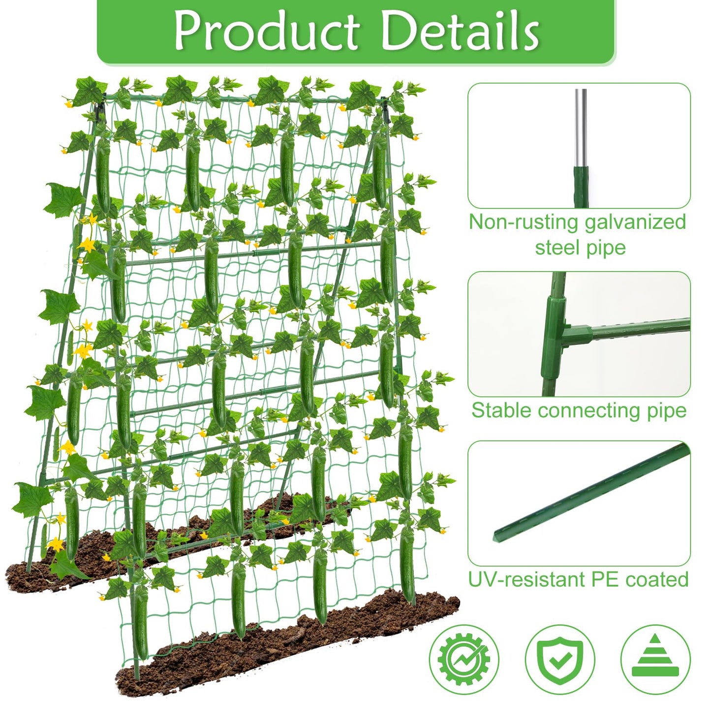 32 x 53 Inch Cucumber Trellis for Climbing Plants Outdoor A-Frame Garden Trellis for Raised Bed Detachable Sturdy Garden Plant Support Trellis for Small Plant Vegetable Flower Grape with Climbing Net