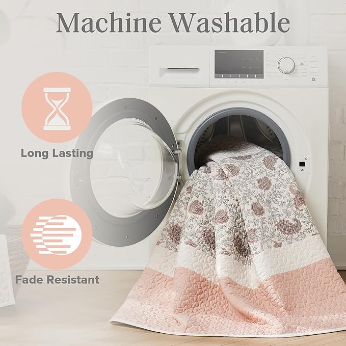 Madison Park 100% Cotton Quilt Set Floral Print, Double Sided Stitching, All Season, Lightweight Coverlet Shabby Chic Bedding Layer, Matching Shams, King/Cal King, Blush 6 Piece