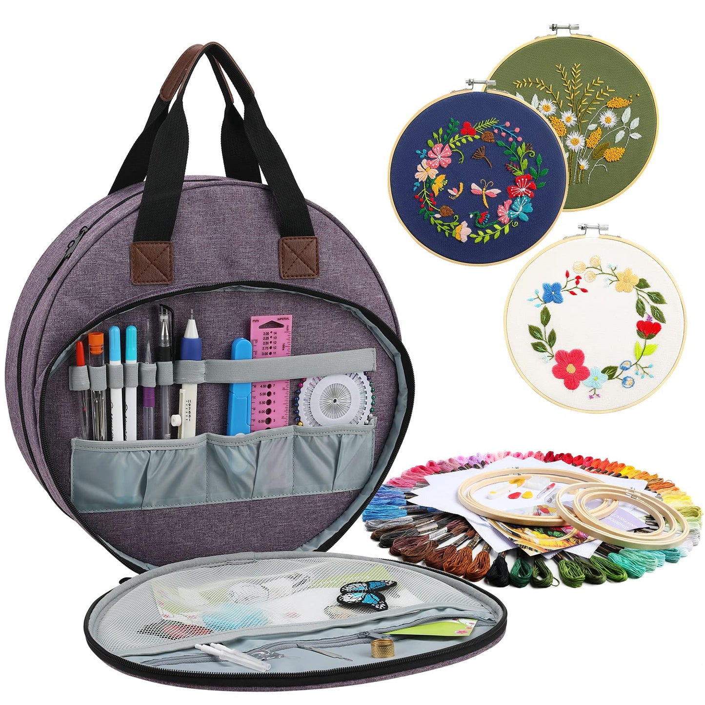 Embroidery Project Bag, Embroidery Kits Storage Bag with Multiple Pockets for Embroidery Needles Embroidery Floss or Other Embroidery Supplies (Purple Circle)